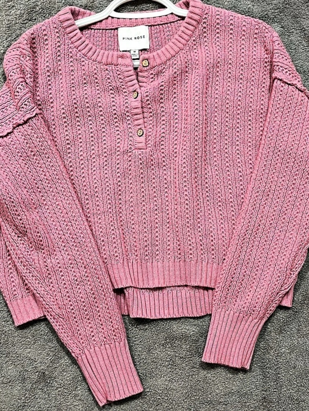 Pink Rose Textured Button Front Sweater in Pink Size Medium